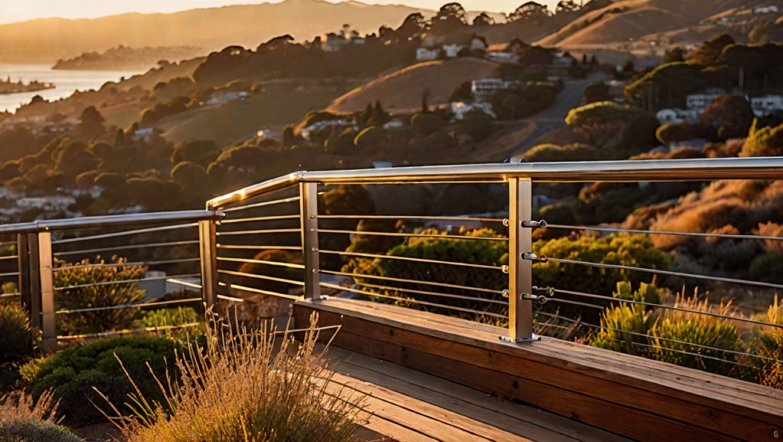 Stainless steel cable railing on a hillside deck overlooking the Oakland hills