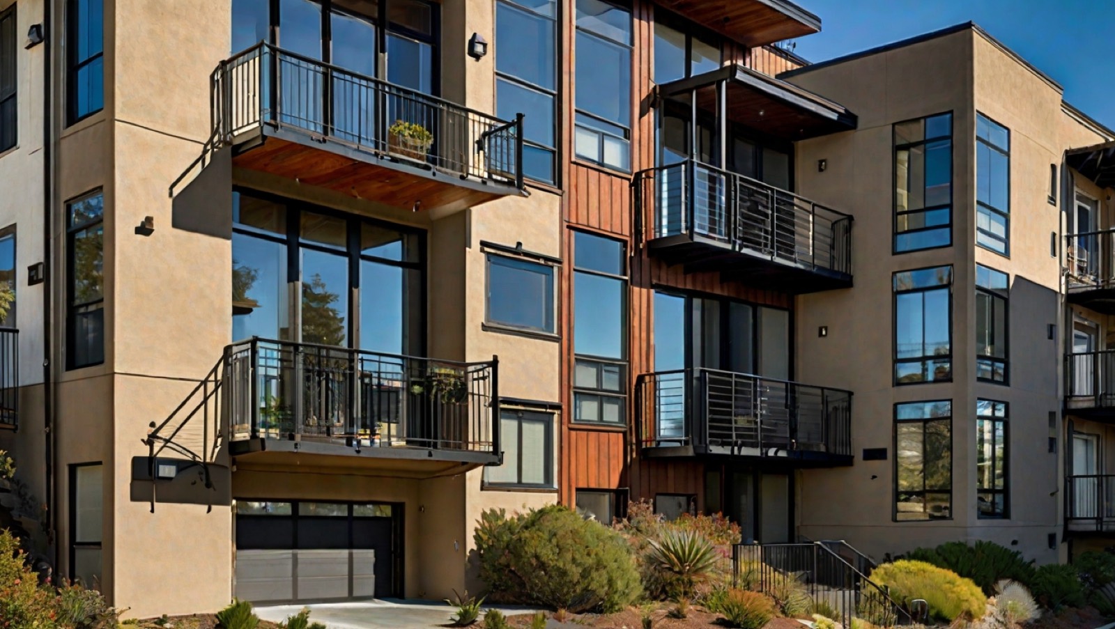 East Bay multifamily condo building with wood-framed balconies and metal guardrails